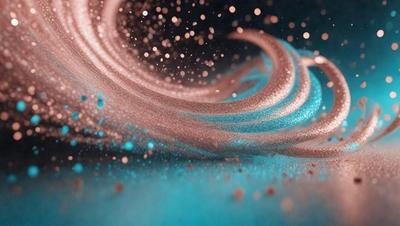 The primary subject of the image is a swirling, colorful pattern of glittery, shiny, and sparkling particles. The setting is a dark background, which contrasts with the vibrant colors of the particles. The visual style is a combination of a photo and digital art, creating a unique and eye-catching effect. The colors and mood of the image are predominantly blue and pink, giving it a lively and energetic atmosphere.